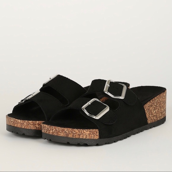 Black Suede Double Band Slide - Picture 2 of 8